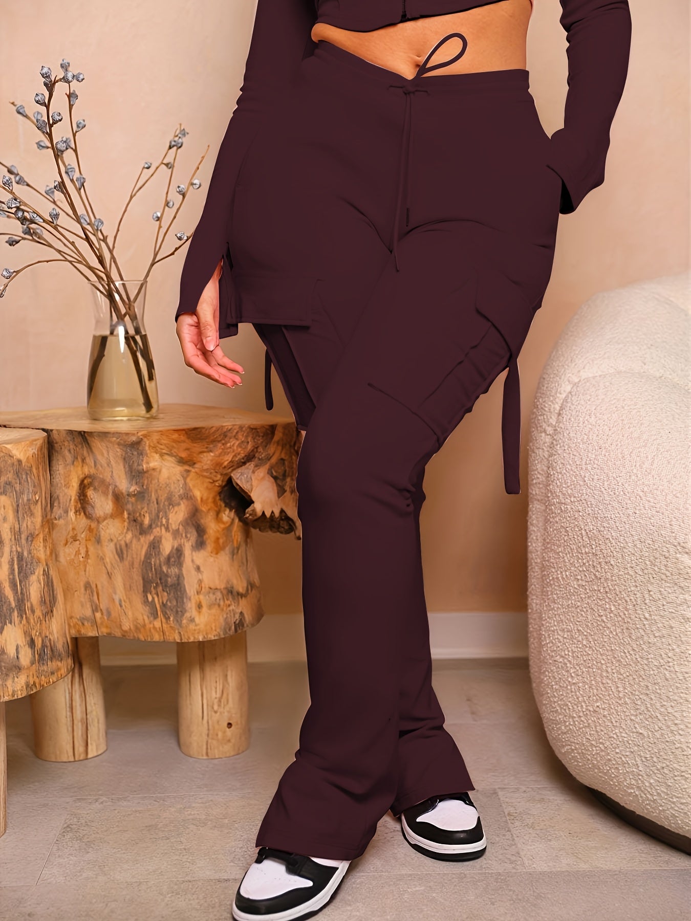 Women's Solid Color Drawstring Joggers with Flap Pockets and Side Slit - Casual Athletic Sweatpants, Machine Washable